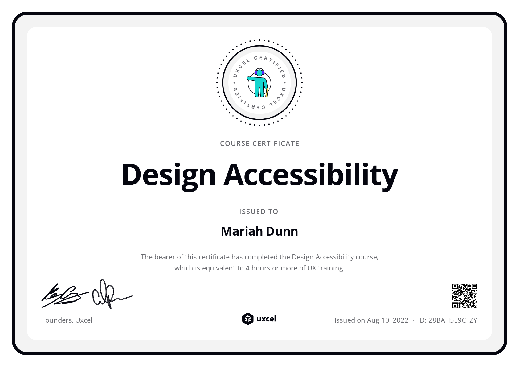 Mariah Ruth's certificate